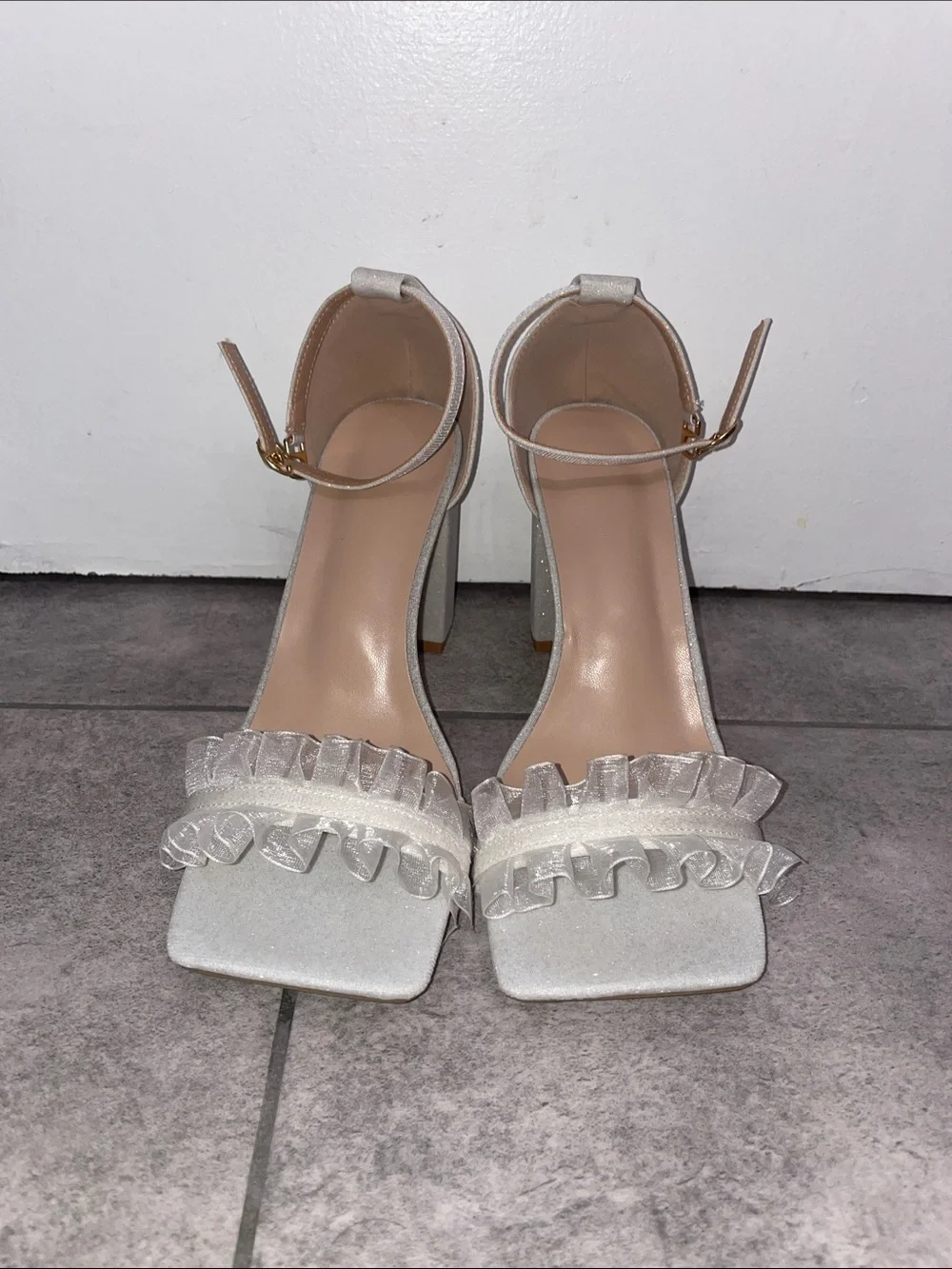 Women’s Ruffle Ankle-Strap Heels in Silver